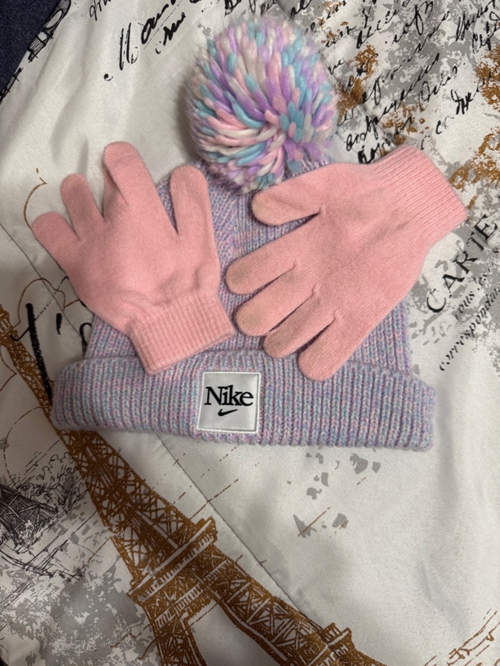 Nike Kids Multicolor Knit Pom Beanie with Pink Gloves
